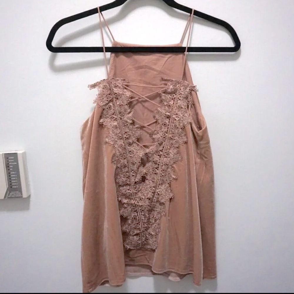 Womens Do+Be Velvet Lace Up V-Neck Tank Cami CamiNYC Pink Medium